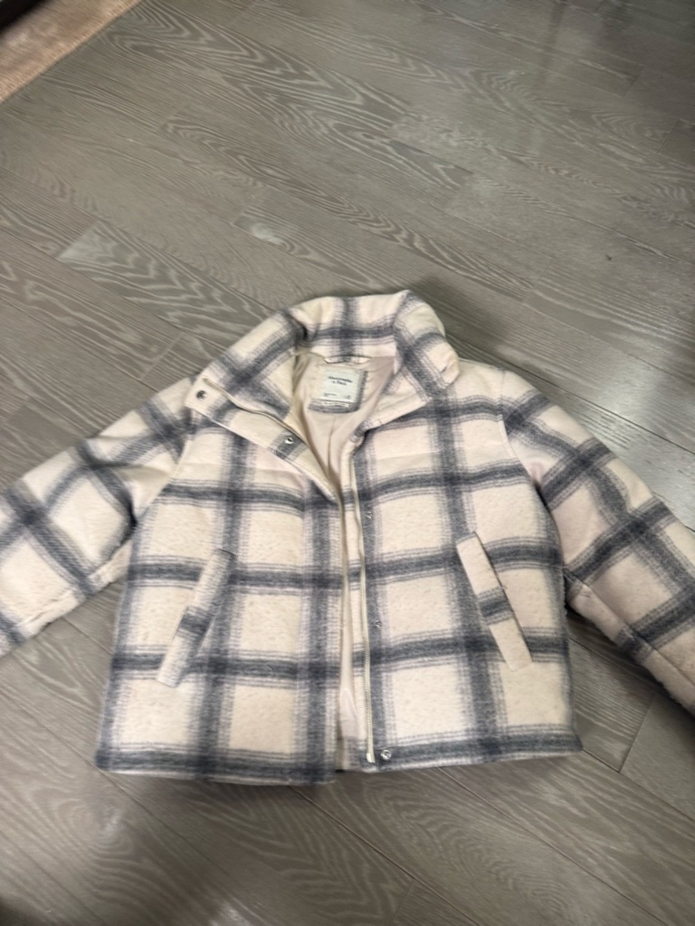 Abercrombie & Fitch Cream and Blue Plaid Mini Puffer